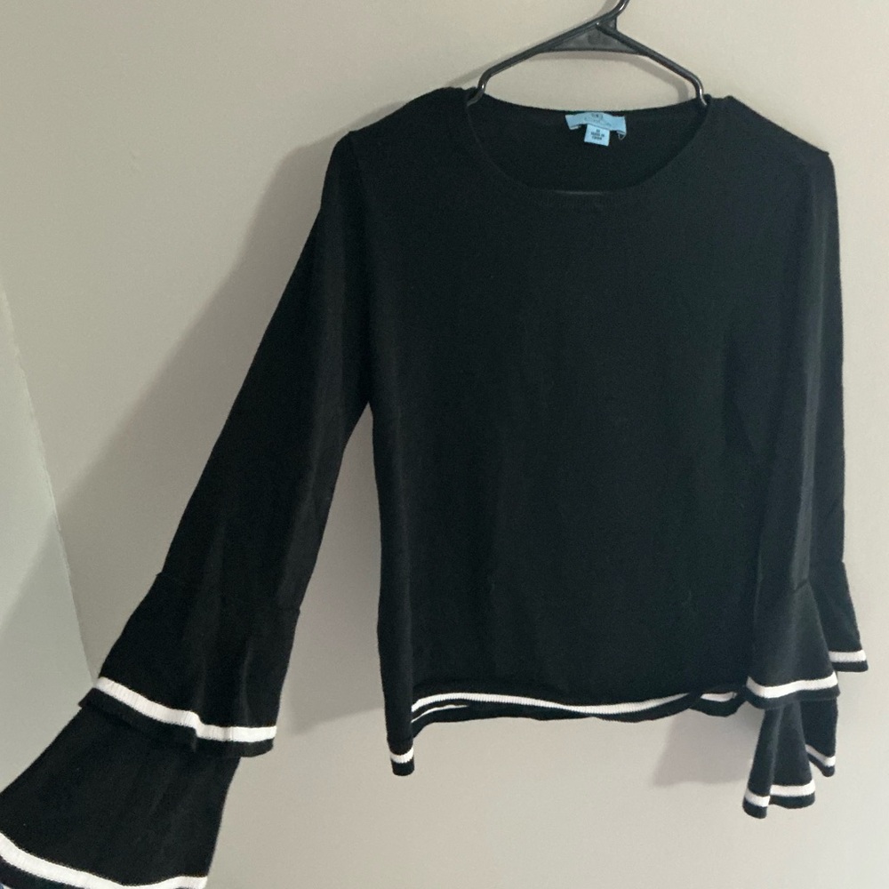 Cece Black Long Sleeve Top w/ White Trim & Ruffle Sleeves Size M | Chic Blouse - Picture 2 of 5